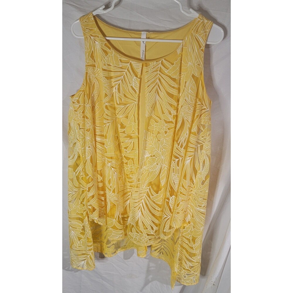 NY Collection Petite Small Yellow Palm Leaf Print Sleeveless Tank Top Flowy